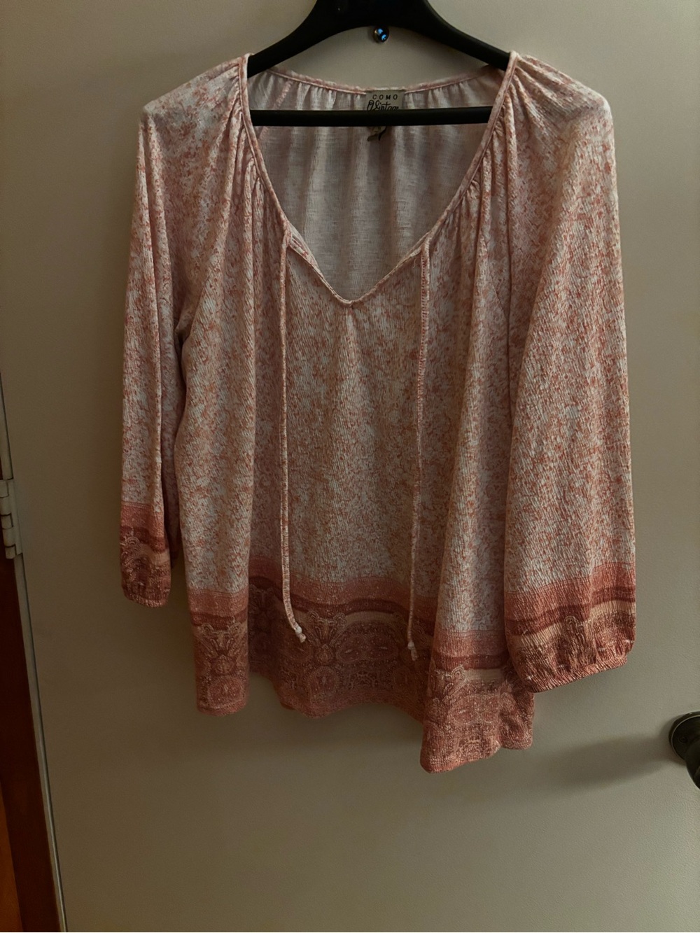 Como Vintage Boho Tie-Front Lightweight Peasant Top - Dusty Rose